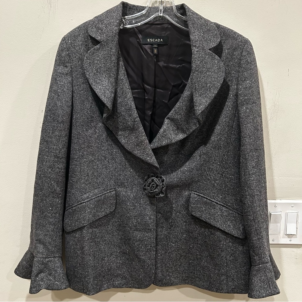 Escada Gray Wool Blazer Jacket Feminine Rose Closure Flutter Sleeves. Sz 42 L